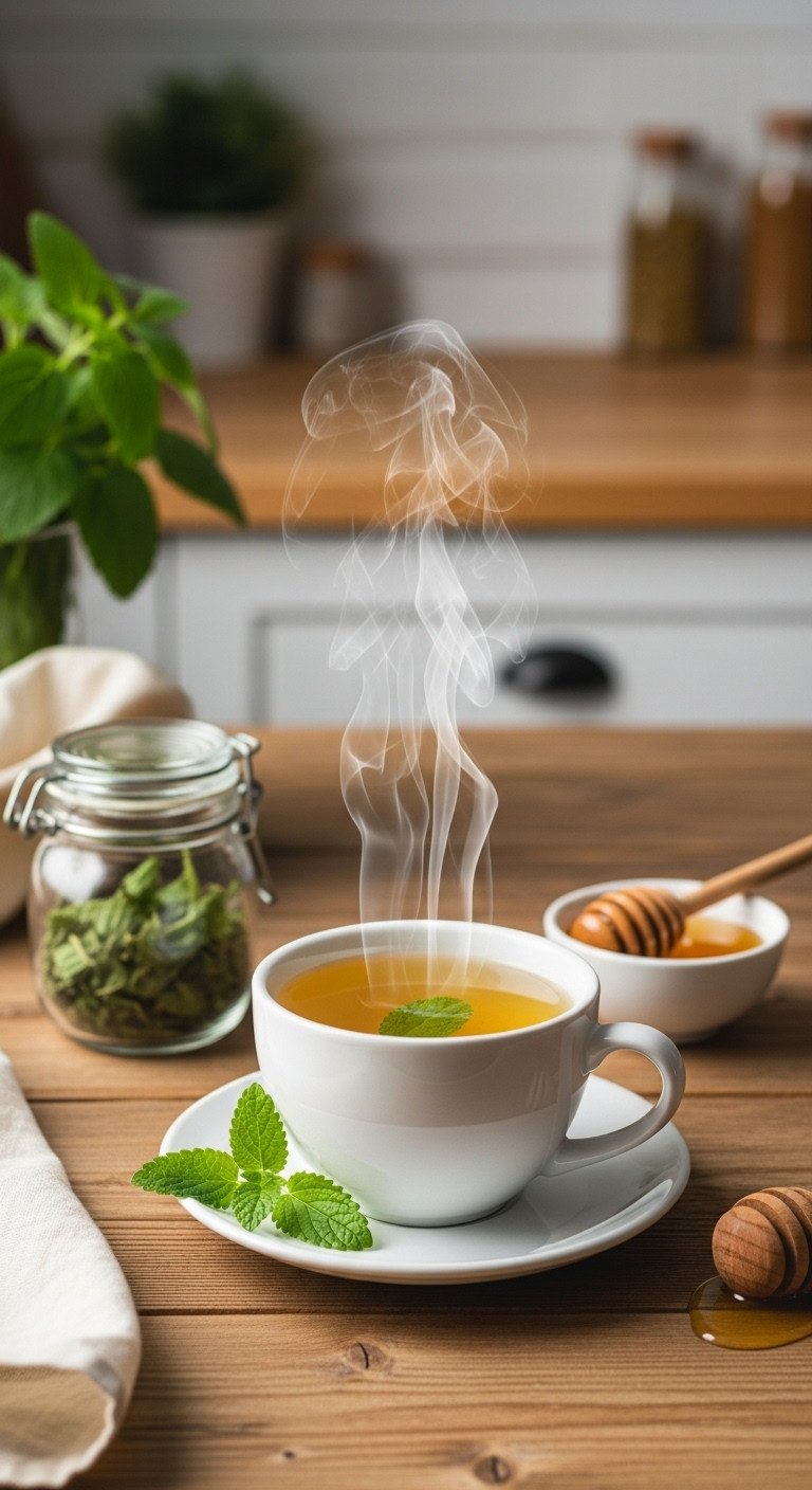 Brew The Perfect Lemon Balm Tea With Fresh Or Dried Leaves 1 A steaming white mug of hot lemon balm tea on a rustic wooden table with a sprig of fresh herbs and a jar of honey.