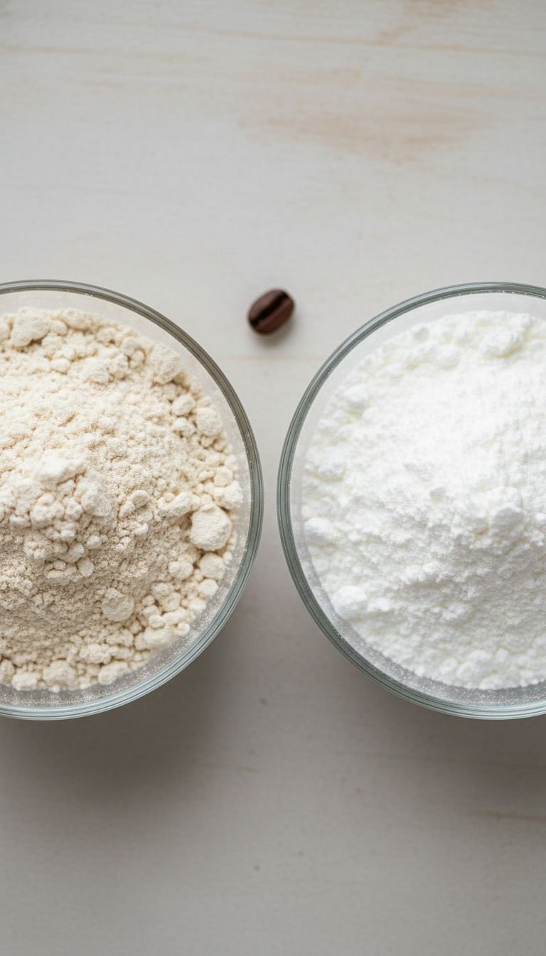 A tall, condensation-covered glass of iced coffee with milk powder, topped with a thick layer of cold foam and a straw.