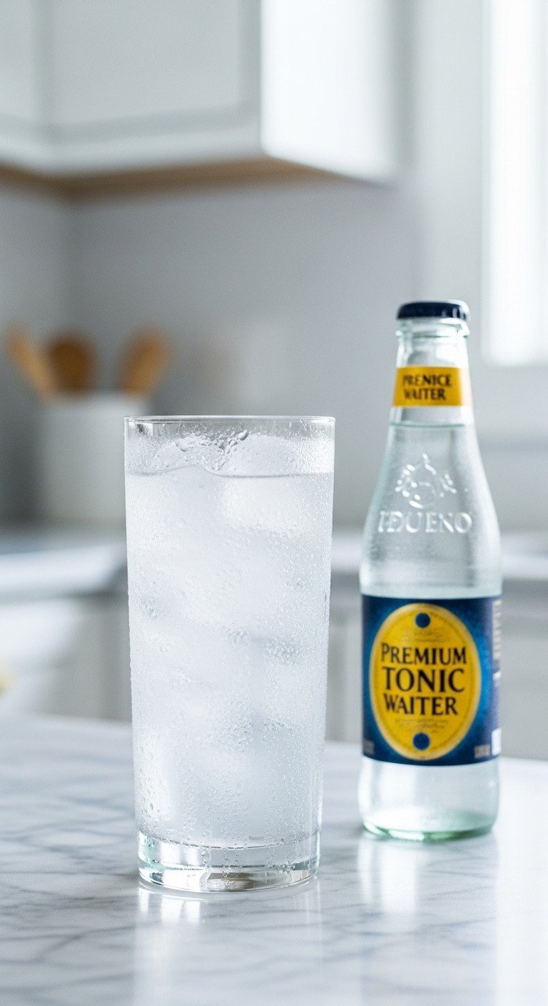 Perfectly Layered Chai Espresso Tonic Recipe You Need To Make 3 A tall, elegant highball glass, glistening with frost, sits on a marble countertop next to a bottle of tonic water.