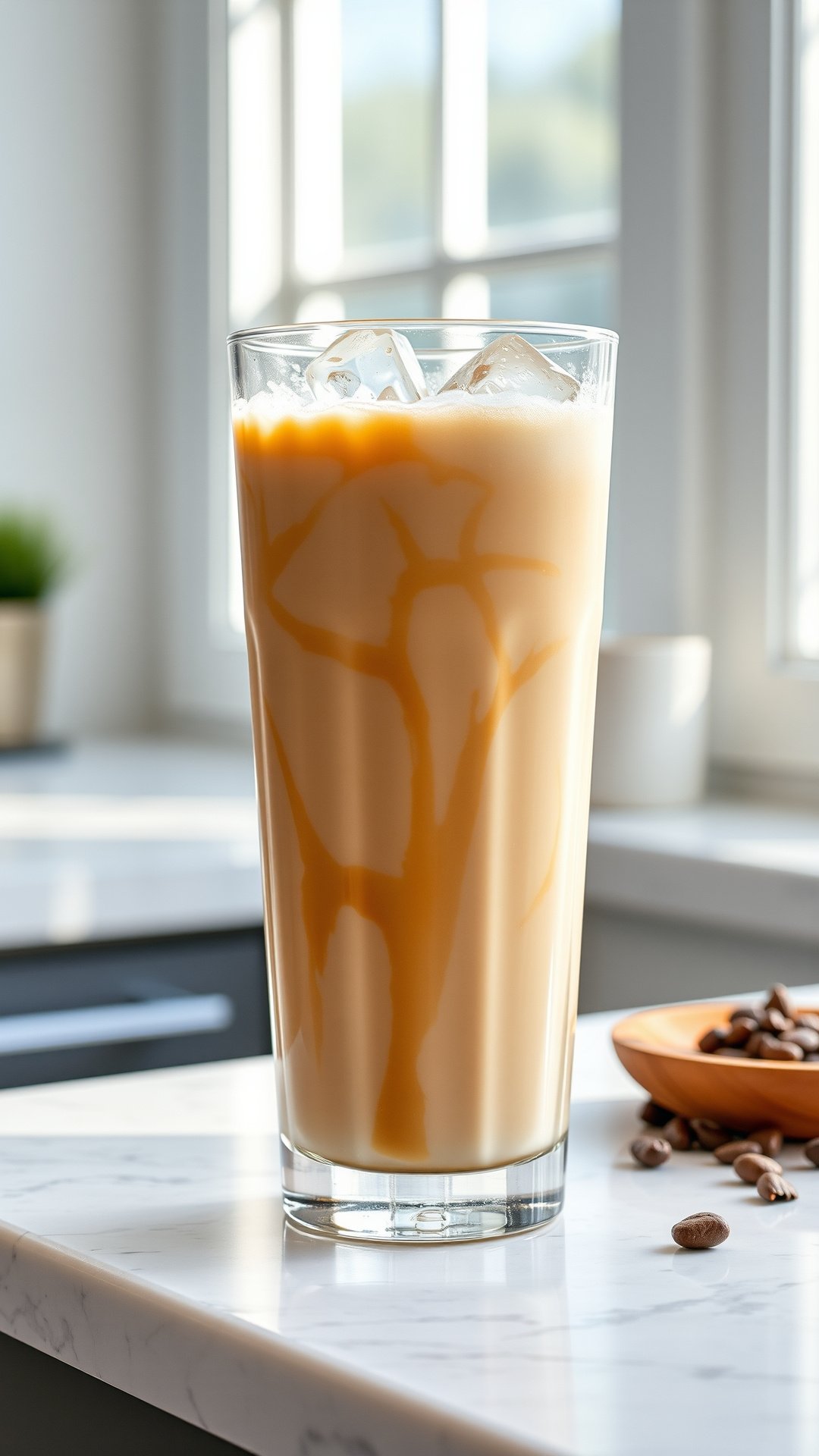A tall glass of creamy iced protein coffee with a metal straw on a white marble countertop next to a few coffee beans.