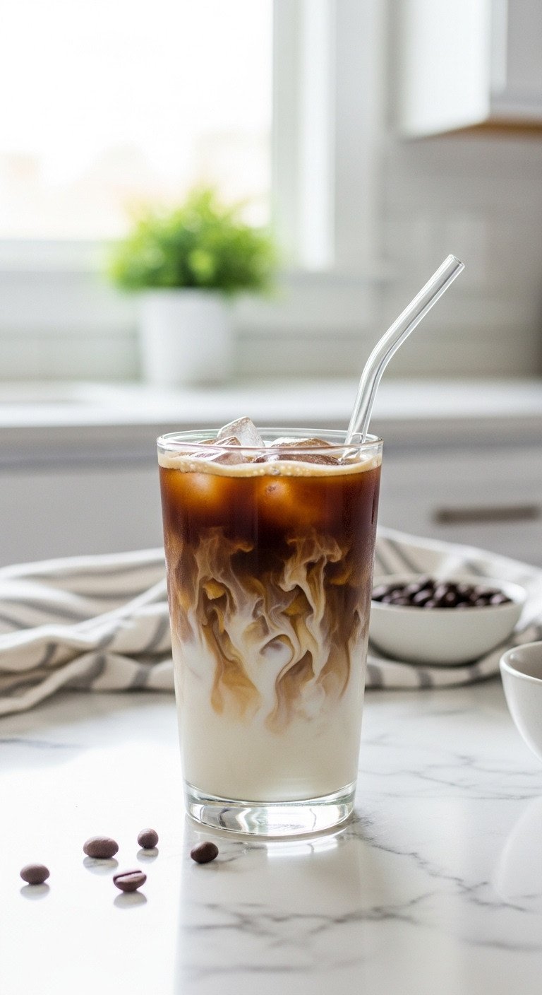 Cold Brew Concentrate The Foolproof Guide To Make Or Buy 1 A tall glass of iced coffee from concentrate with a creamy milk swirl, set on a white marble kitchen counter with coffee beans.