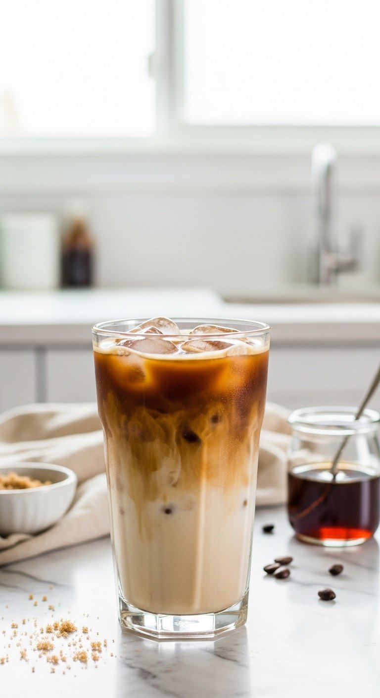 A tall glass of layered Iced Brown Sugar Oatmilk Shaken Espresso on a marble countertop with espresso beans nearby.