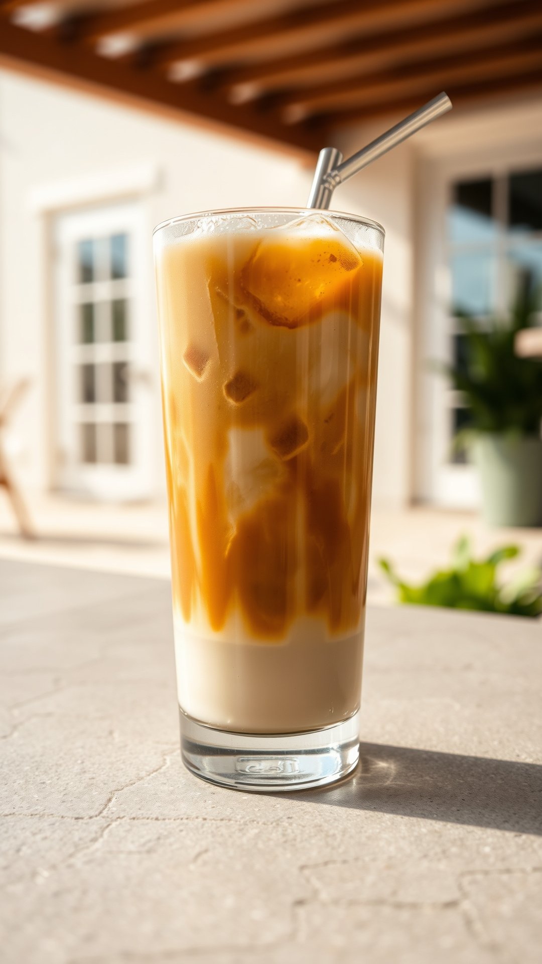 A tall glass shows layers of an iced pumpkin spice latte with a metal straw, with condensation dripping down the side on a patio.