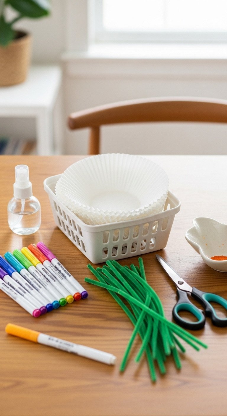 A top-down flat lay of DIY coffee filter flower craft supplies: white filters, markers, green pipe cleaners, and scissors.