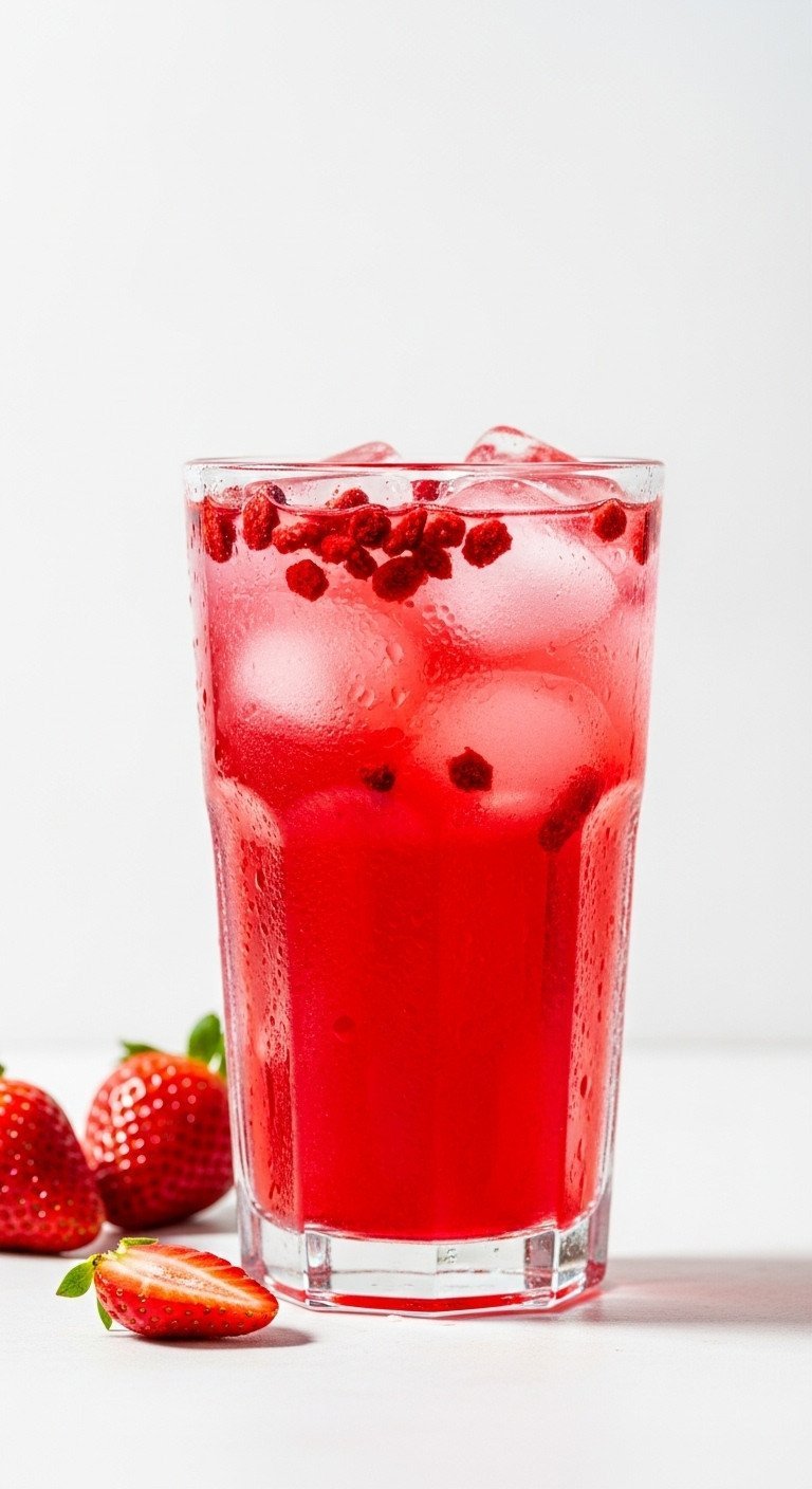 A vibrant Strawberry Açaí Refresher in a tall glass with ice, condensation, and strawberries against a white background.