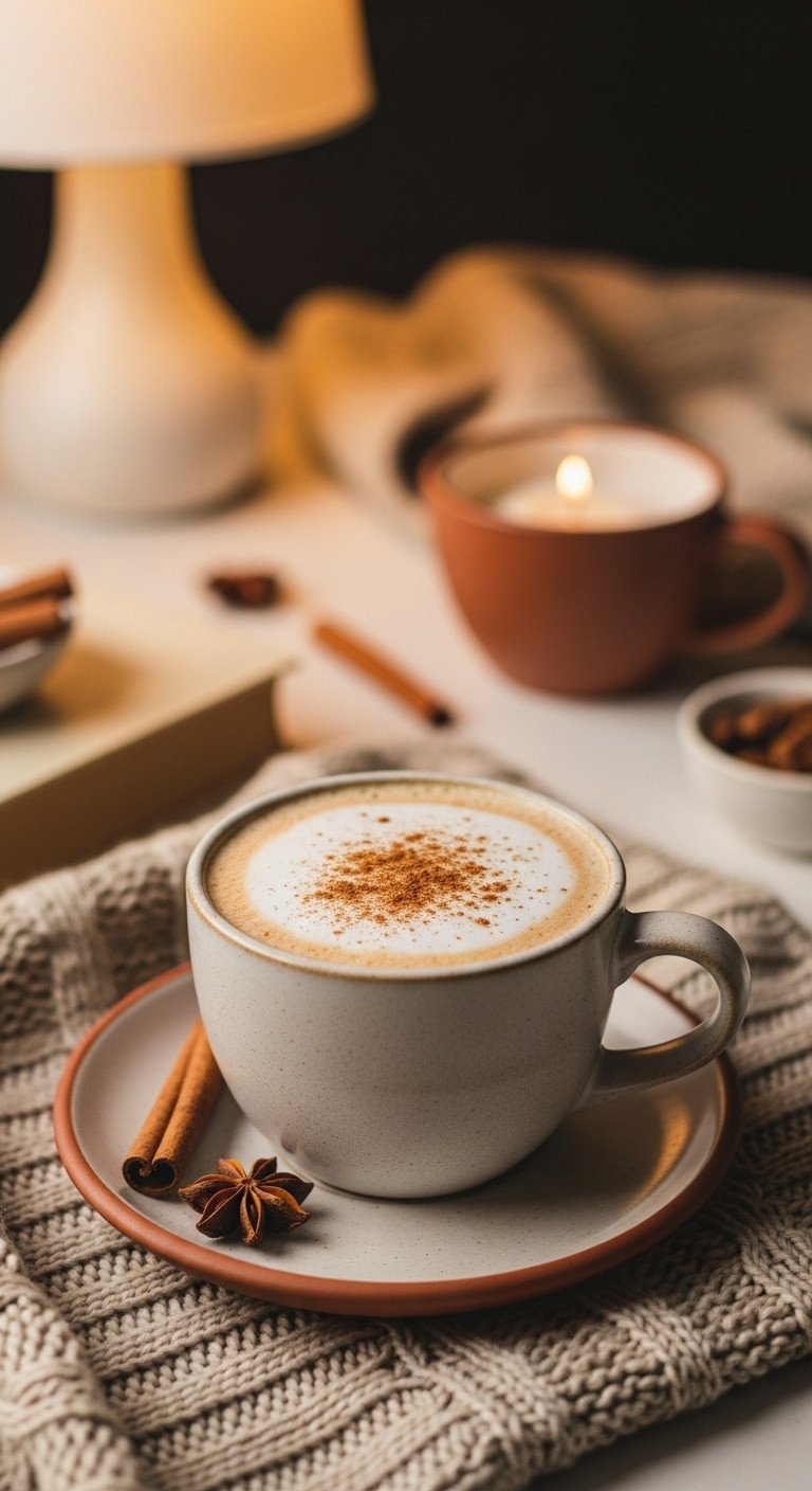 A warm Chai Tea Latte in a ceramic mug dusted with cinnamon, with a star anise on the saucer for a cozy scene.