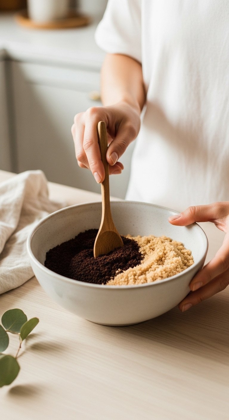 A wooden spoon mixes dark coffee grounds and brown sugar in a ceramic bowl for a homemade DIY coffee body scrub recipe.
