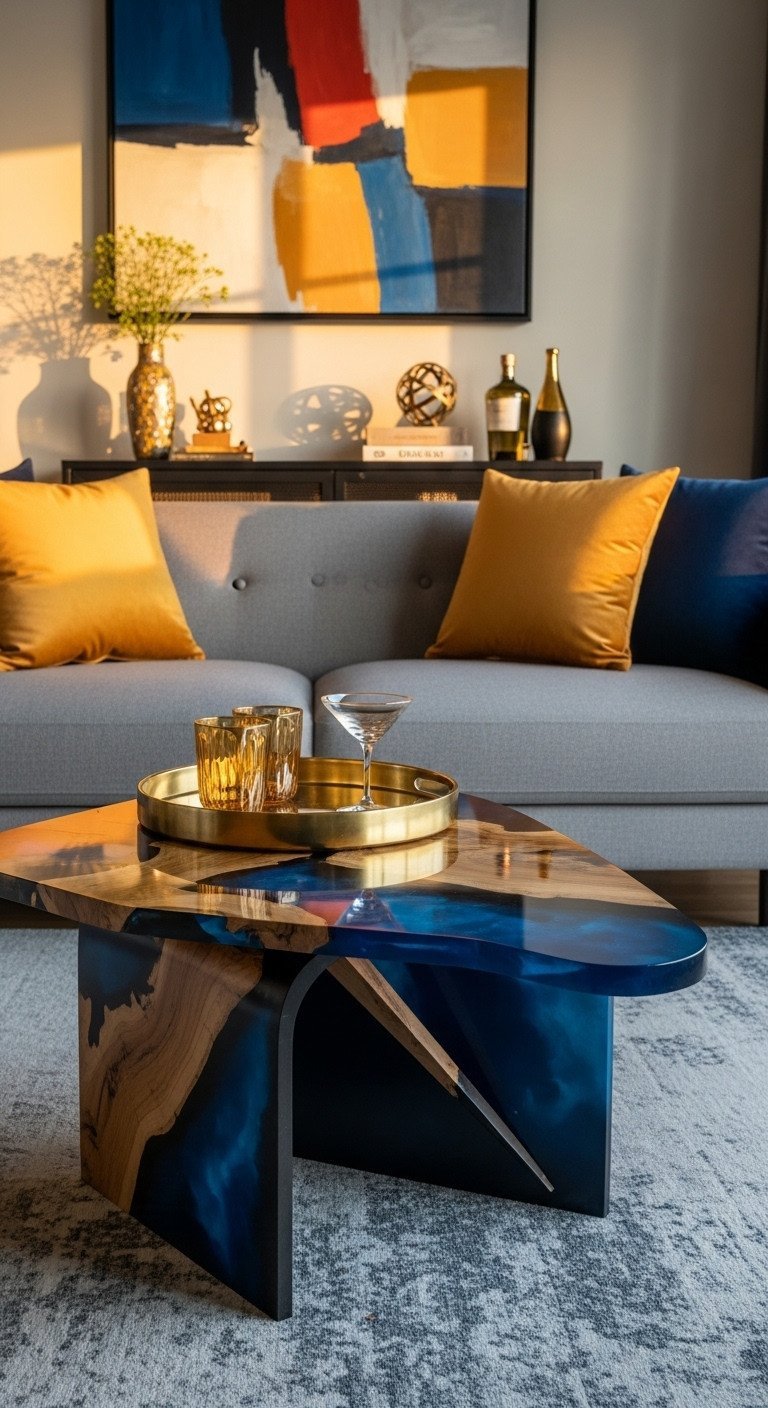 Genius Sculptural Coffee Table Designs For A Stunning Home 12 Abstract art coffee table, asymmetrical mixed media design of polished resin and dark metal, functional art for a modern living space.