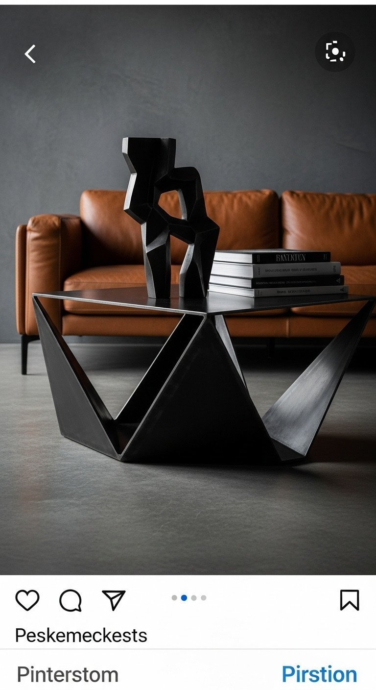Curated Luxury Coffee Tables Finest Materials Unique Designs 3 Abstract blackened metal coffee table with geometric deconstructivist forms, sculptural art in a dramatic industrial setting.
