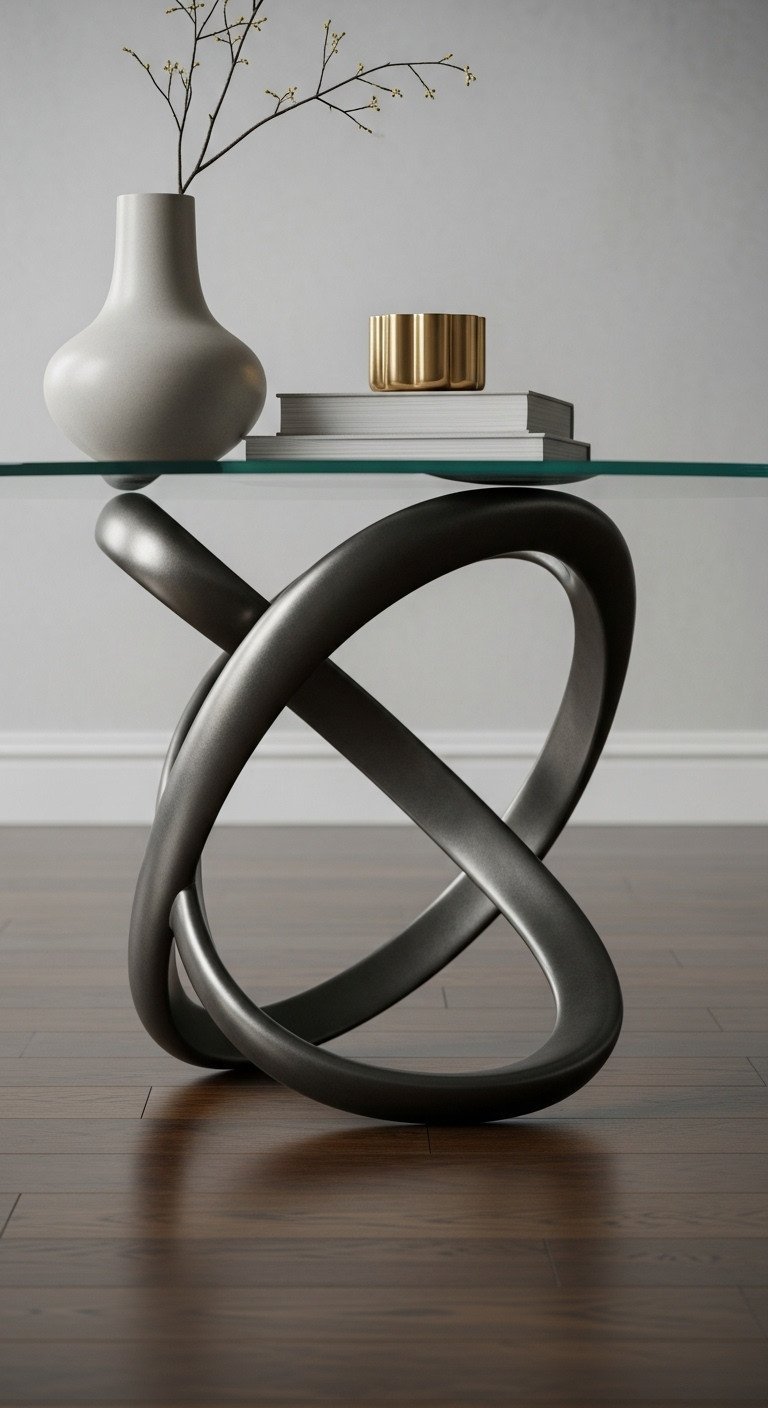 9 Creative Coffee Table Ideas To Elevate Your Home Style 5 Abstract sculptural metal frame coffee table with clear glass top, elegant design in a minimalist living room setting.