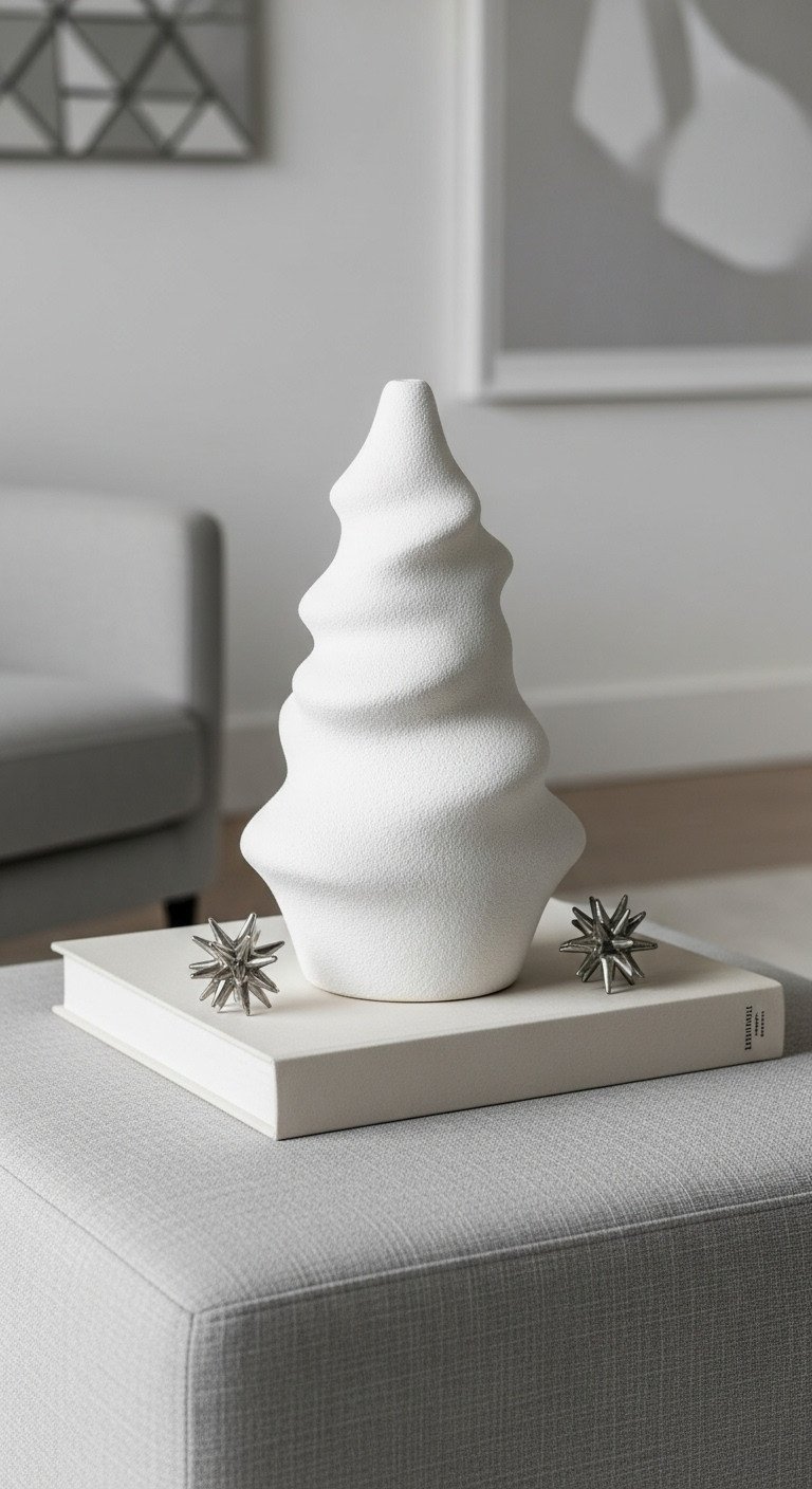 Abstract white ceramic sculpture on light gray fabric ottoman coffee table with a silver accent. Elegant decor.