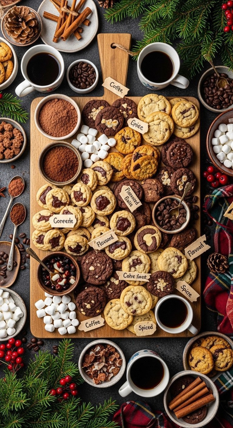Abundant festive coffee and cookie charcuterie board, featuring various Christmas cookies, coffee, and holiday foliage.