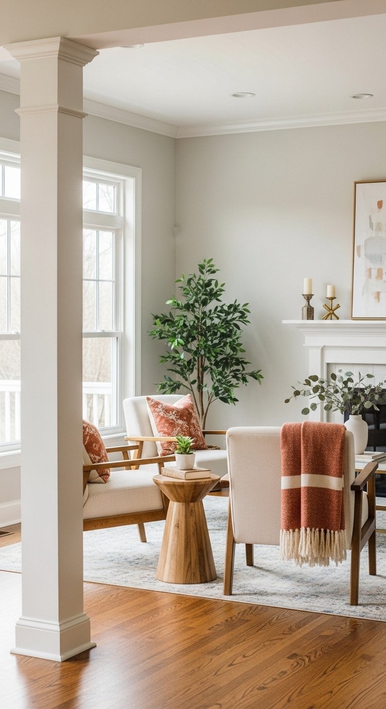 Accent chairs, sectional, ottoman form conversation zone in awkward living room. Creams, terracotta, soft blues, golden light.