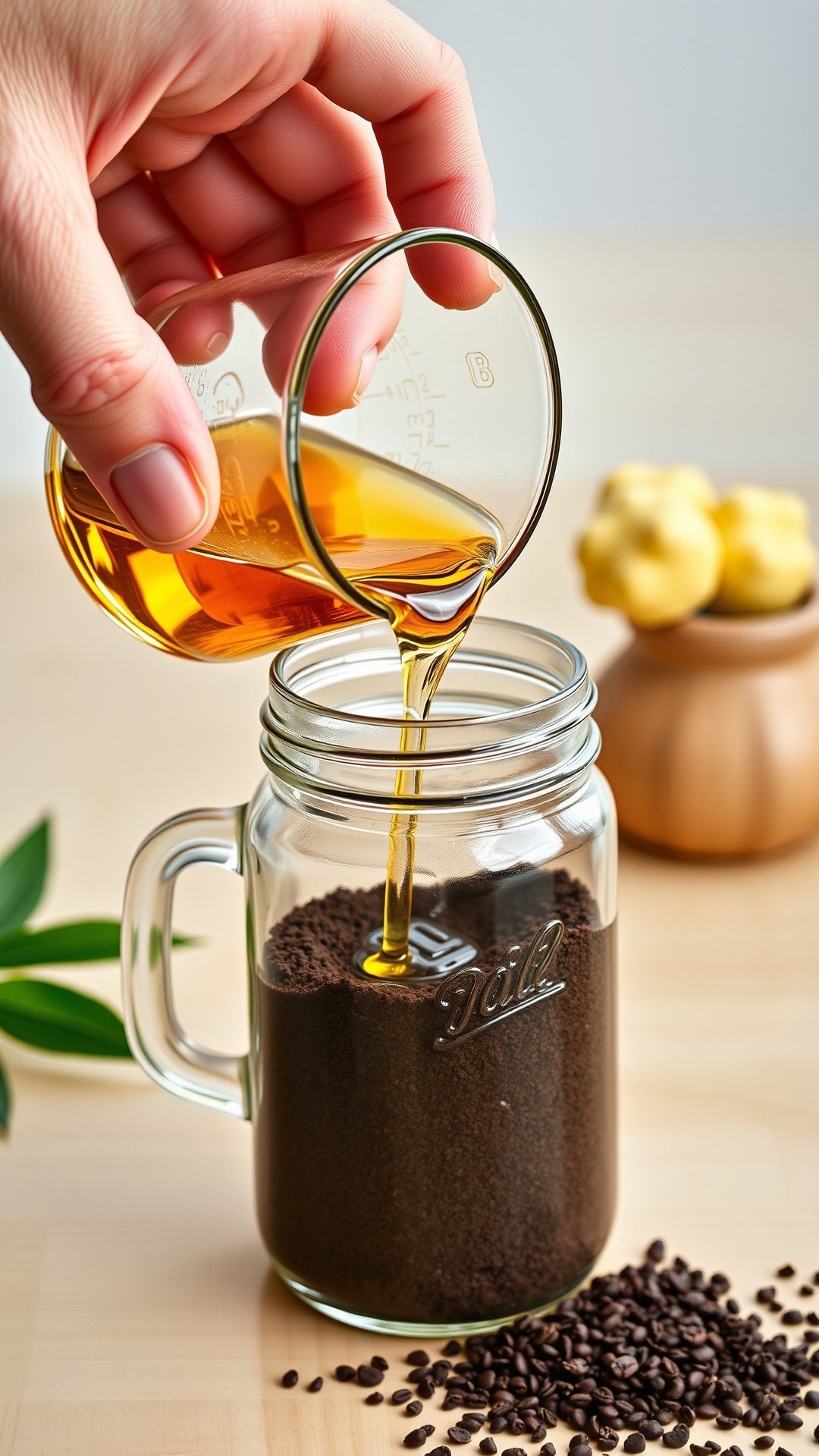 How To Make Coffee Oil At Home For Naturally Glowing Skin 5 Action shot of a hand pouring golden carrier oil into a glass mason jar of coarse coffee grounds to make DIY infused oil.