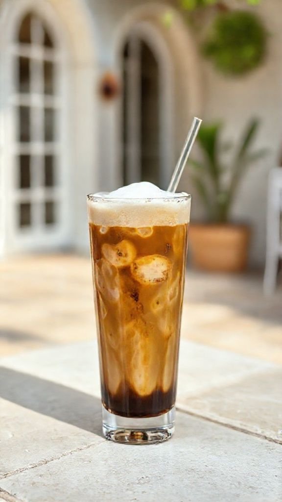 Action shot of a spoon stirring milk powder into a smooth, creamy paste in a ceramic mug for a lump-free coffee recipe.