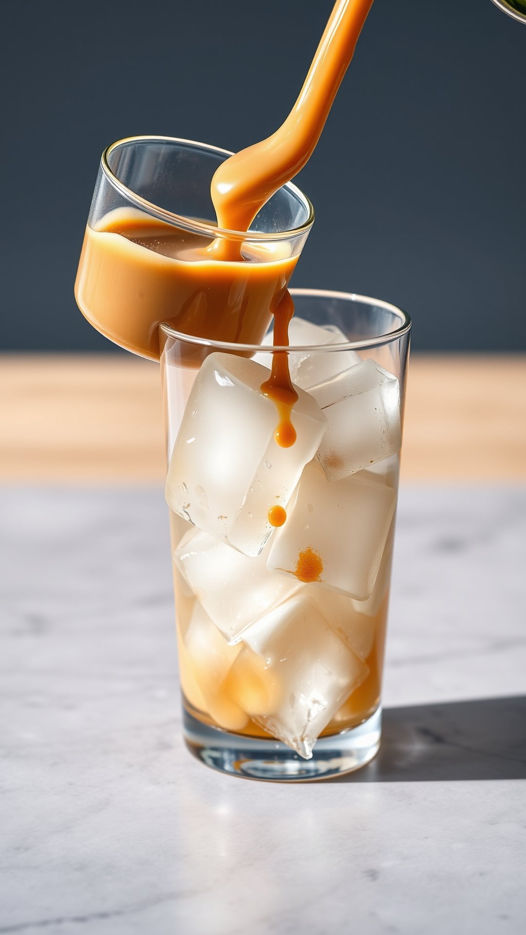 Action shot of creamy, caramel-colored Vietnamese coffee being poured over large, clear ice cubes in a tall, refreshing glass.