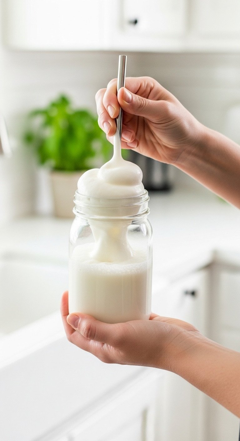 Action shot of hands shaking a sealed glass mason jar to create creamy, frothy milk for a homemade latte.
