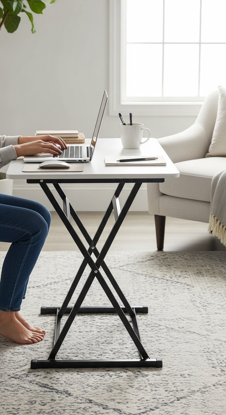 Unlock Genius Storage In A Quality Lift-Top Coffee Table 6 Adjustable height coffee table elevated for ergonomic workspace with laptop, mouse, notepad, and user's hands. Modern home office.
