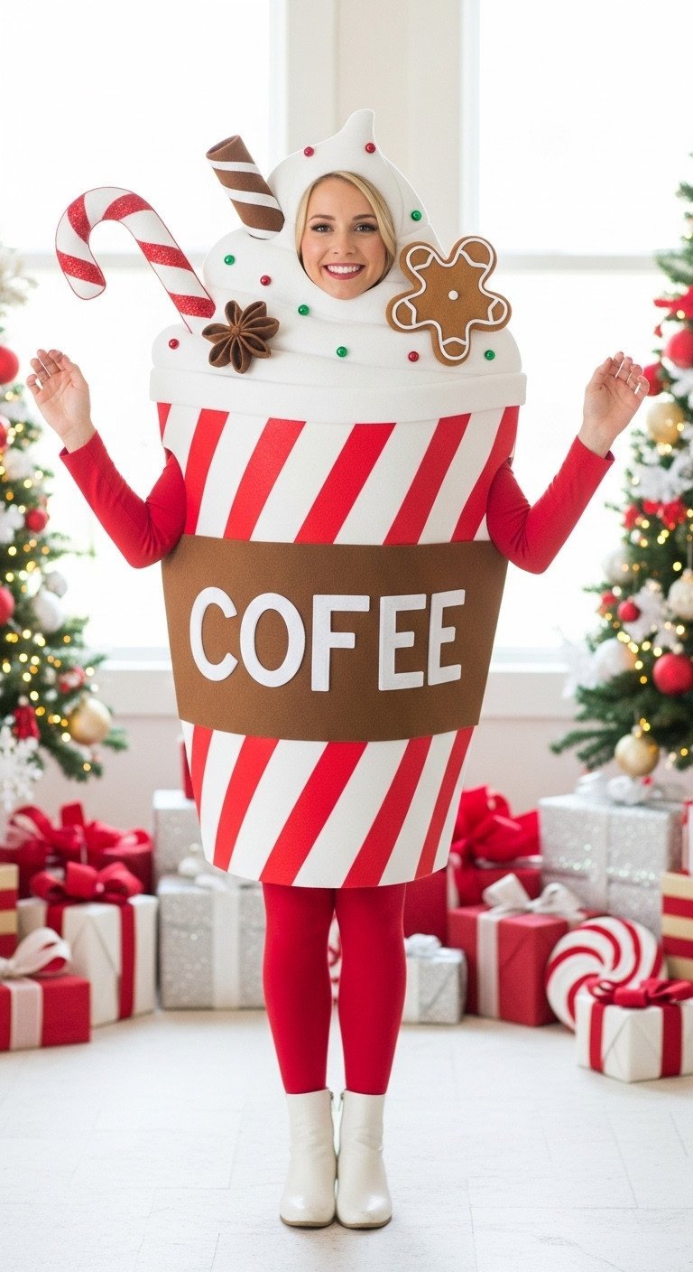 Adult in whimsical DIY Christmas coffee cup costume with whipped cream and gingerbread latte spices, party setting.