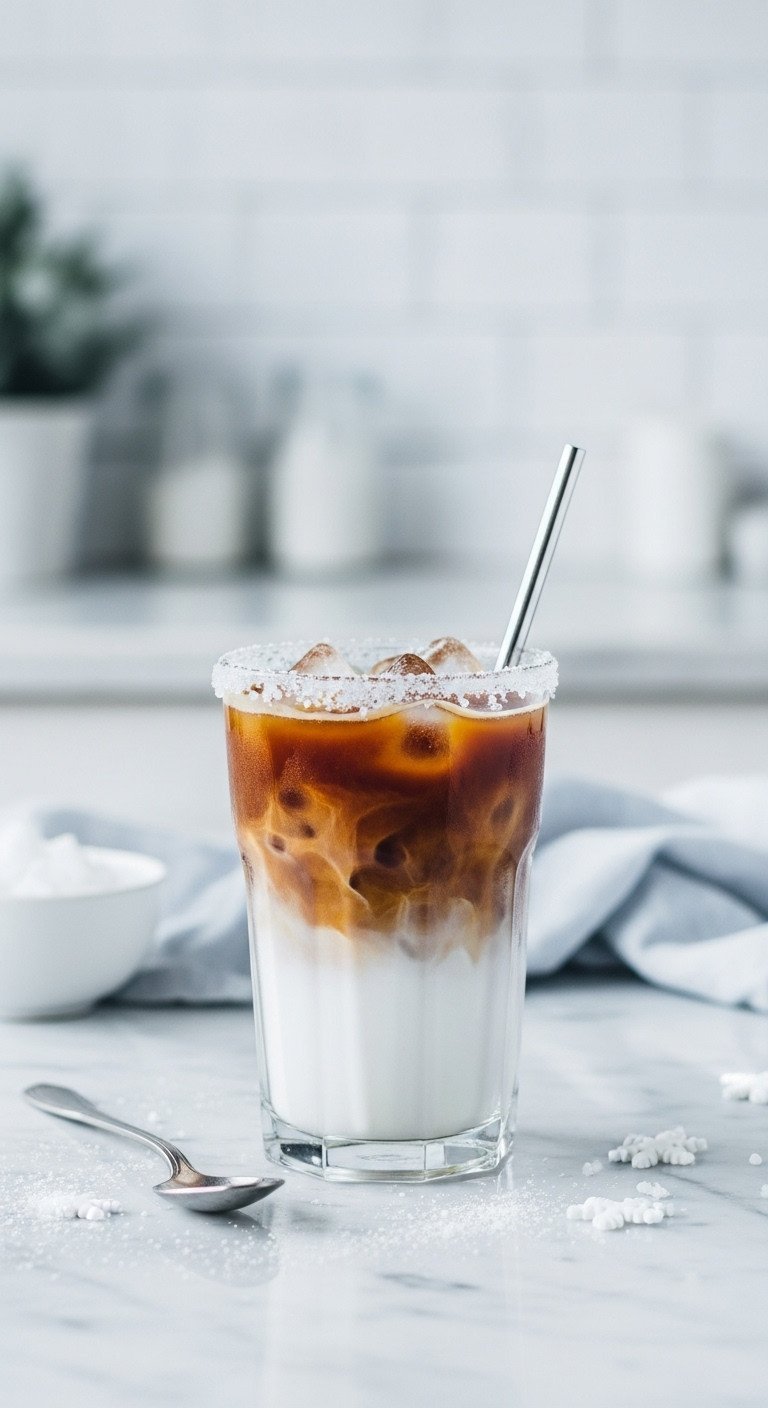 Aesthetic winter wonderland iced coffee with white cold foam, ice, and silver sugar crystals on rim. Serene blue & white tones.