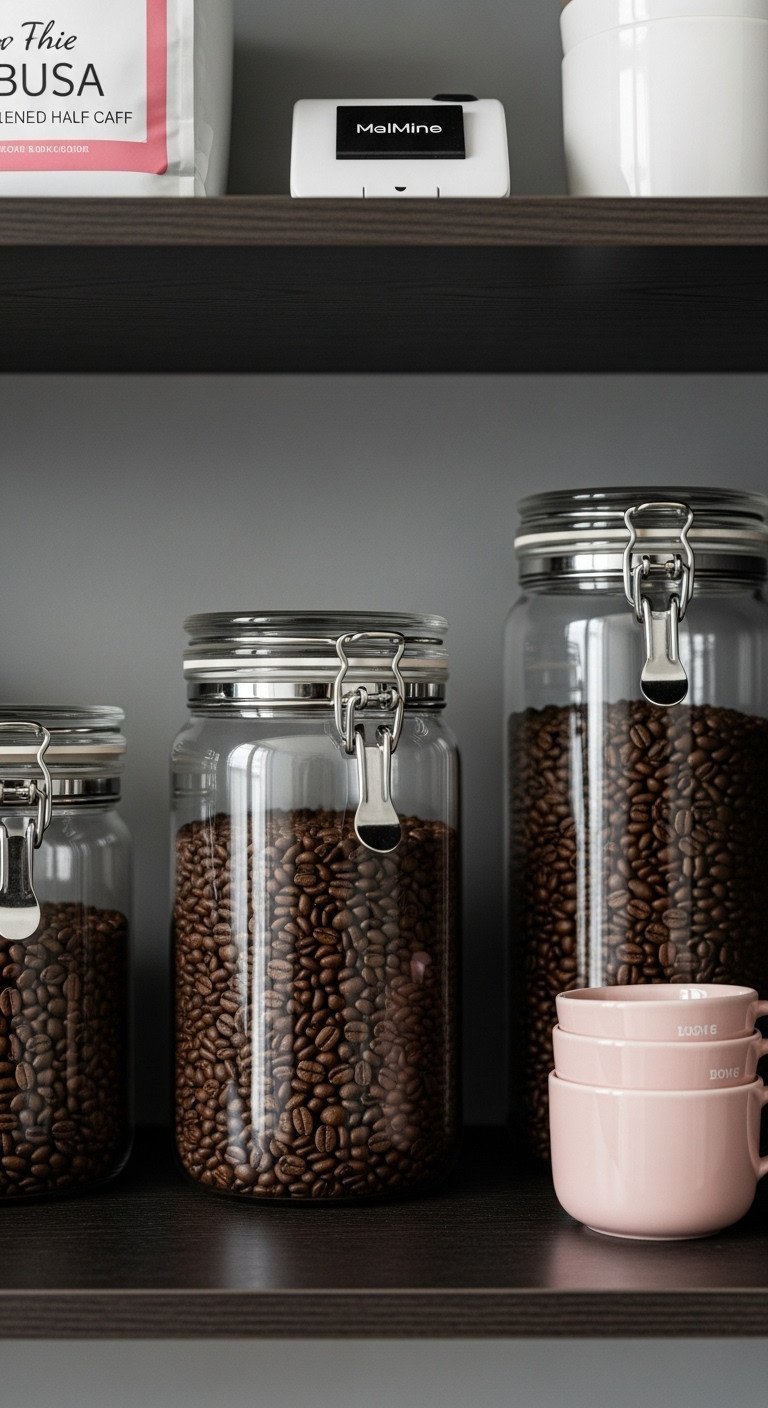 7 Secrets To Perfect Half Caff Coffee Jitters Free 13 Airtight ceramic and stainless steel canisters storing whole half-caff coffee beans on a dark wooden pantry shelf.