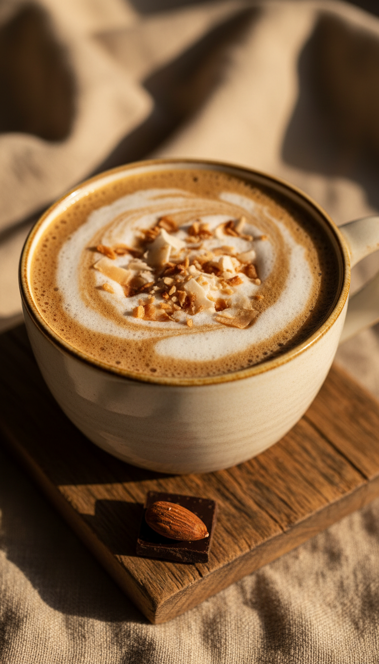 Almond Joy hot coffee with rich white foam and dark chocolate. Cozy, flavored coffee beverage on a rustic wooden table.