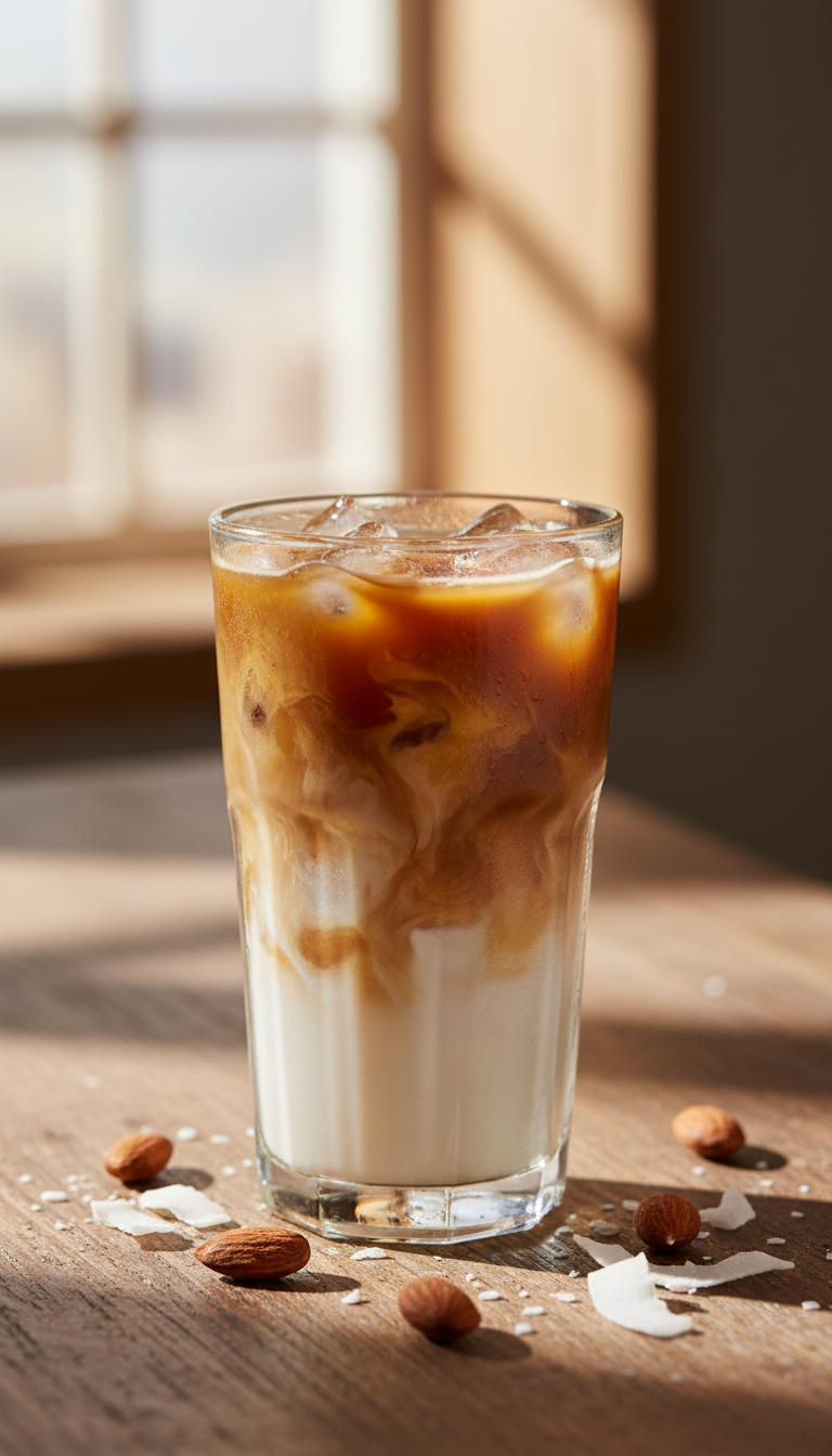 Almond Joy iced coffee in a clear glass, with coconut white and almond brown syrups blending. Nutty, tropical coffee drink.