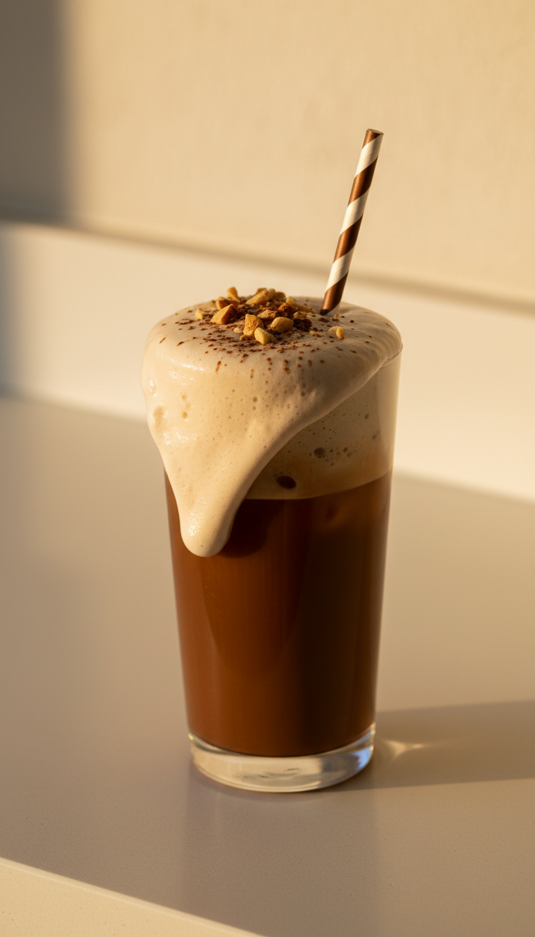Almond Joy iced coffee topped with thick, flavored cold foam cascading. Indulgent foamy coffee drink with a striped straw.