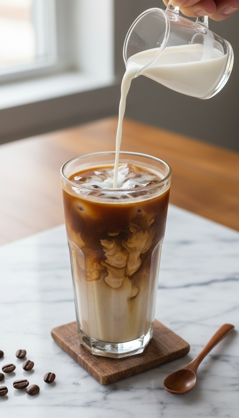 Almond Joy iced coffee with non-dairy milk pouring, showcasing creamy layers. Dairy-free, sweet coffee drink on marble.