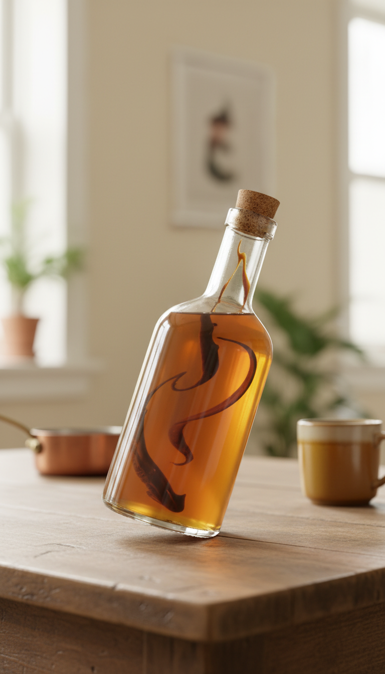 Delicious Homemade Maple Coffee Syrup 5 Best Flavors 1 Amber Classic Maple Vanilla Coffee Syrup in a corked bottle with vanilla bean on rustic wood table, natural light, cozy kitchen.