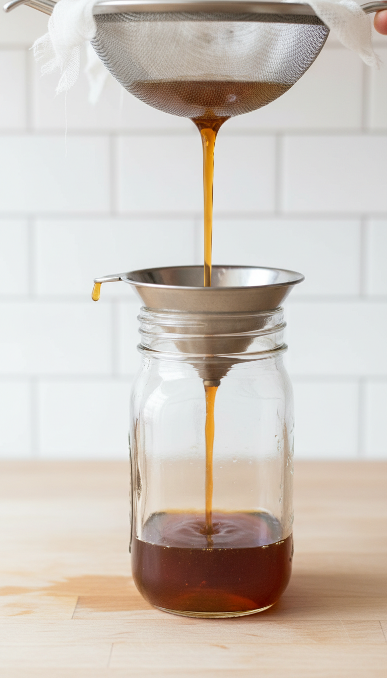 Homemade French Toast Coffee Syrup: Master Cafe Drinks Easily 7 Amber french toast coffee syrup poured slowly through a fine-mesh sieve into a clean glass bottle on a light wooden countertop.