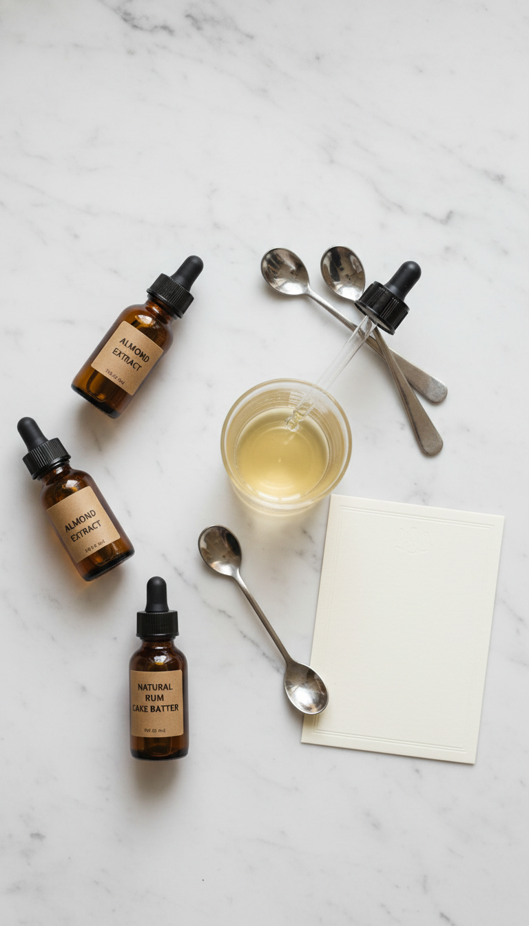 Essential Homemade Cake Batter Coffee Syrup Recipe 7 Amber glass vials of almond, butter rum, and cake batter flavor extracts for simple syrup on a white surface with dropper.