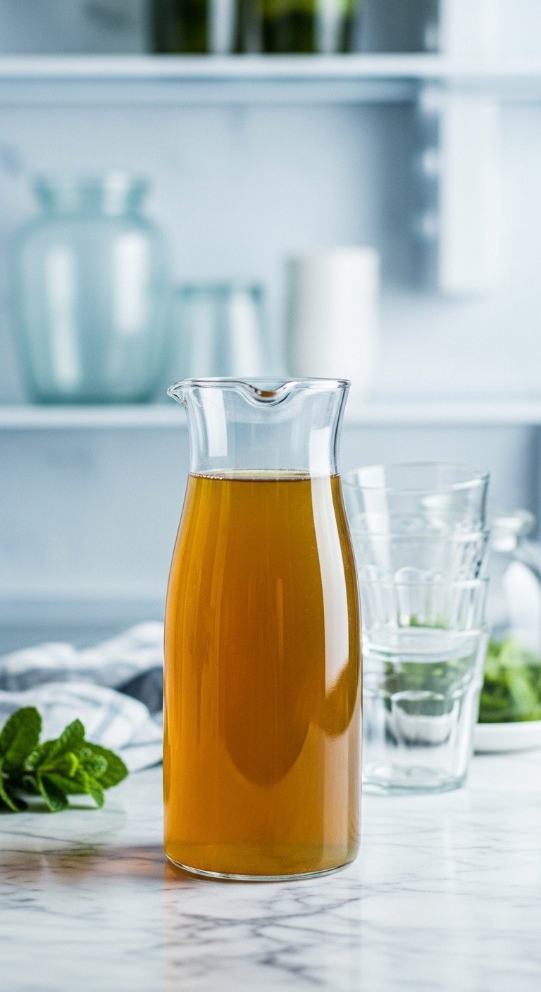 13 Perfect Green Tea Recipes Iced Matcha And No Bitterness 1 Amber-green cold brew green tea concentrate in a sleek glass pitcher on a marble counter with mint and glasses, minimalist kitchen setting, refreshing healthy drink.