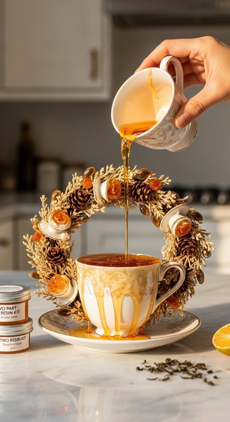 Teacup Wreath Tutorial for Permanent Vintage China Decor 13 Amber-tinted 'faux tea' resin pours into a tilted teacup on a marble counter, creating a whimsical effect for a DIY wreath.
