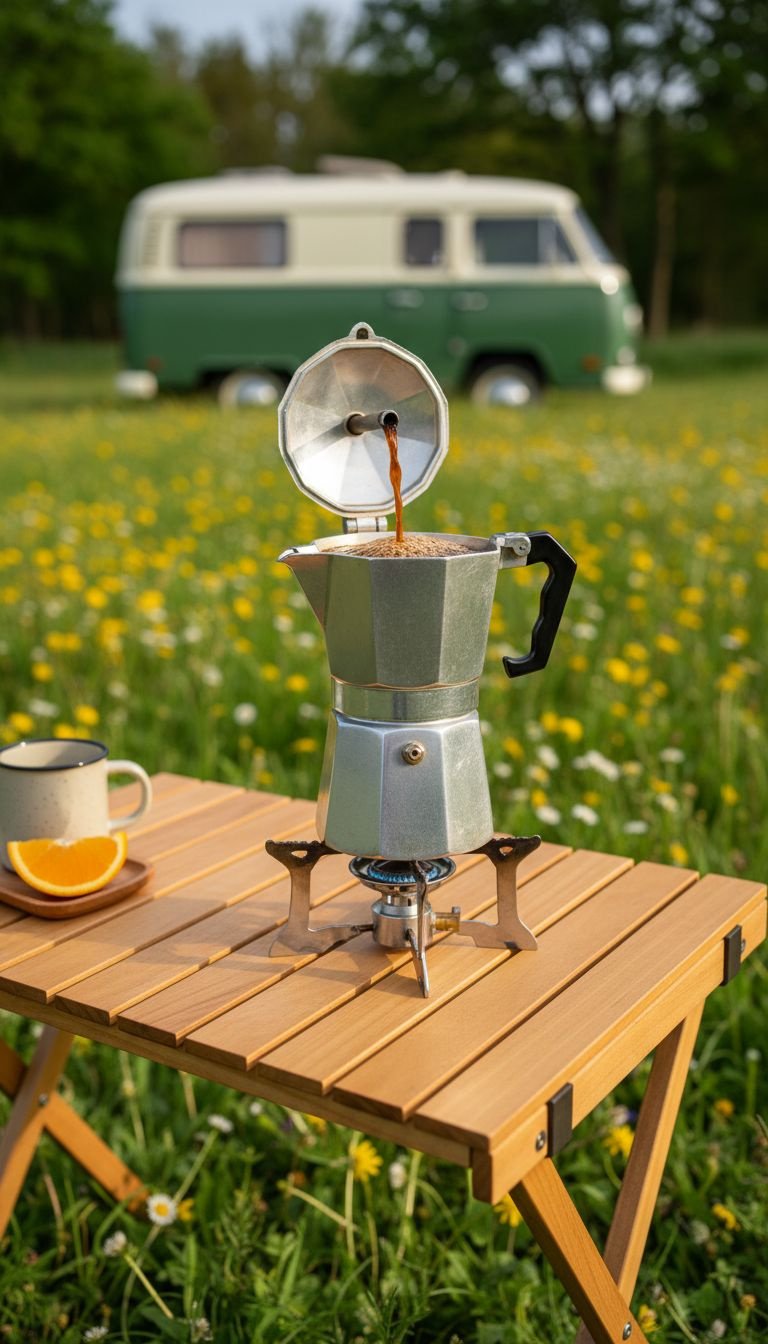 An aluminum Moka Pot brews rich coffee on a single-burner camp stove with a vintage camper van in the background.