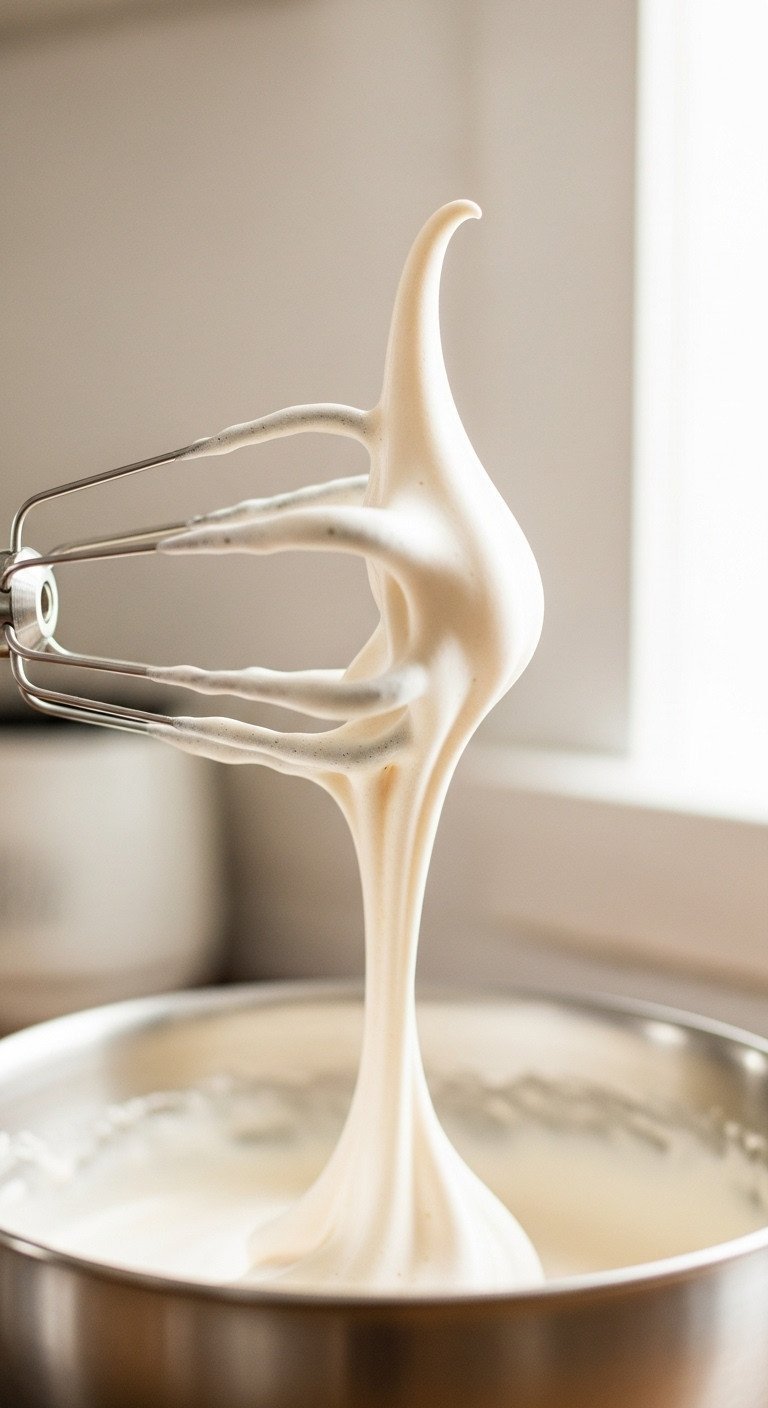 The Perfect Dalgona Coffee Recipe For Fluffy Whipped Coffee 12 An electric mixer beater holds a perfect stiff peak of glossy, whipped Dalgona coffee foam, showing the ideal thick texture.