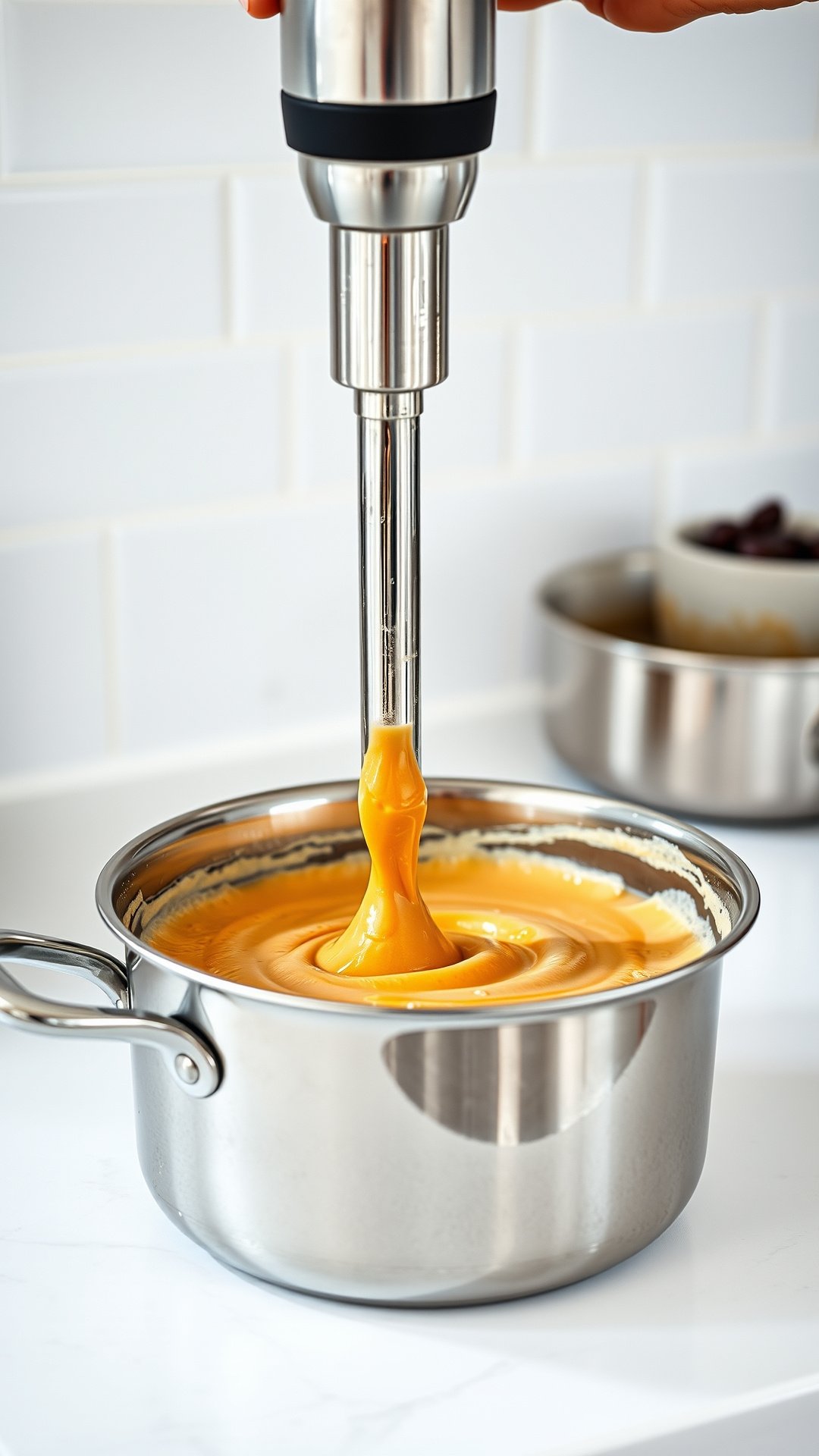 An immersion hand blender creates a smooth vortex in a saucepan of creamy orange pumpkin milk base for a latte recipe.