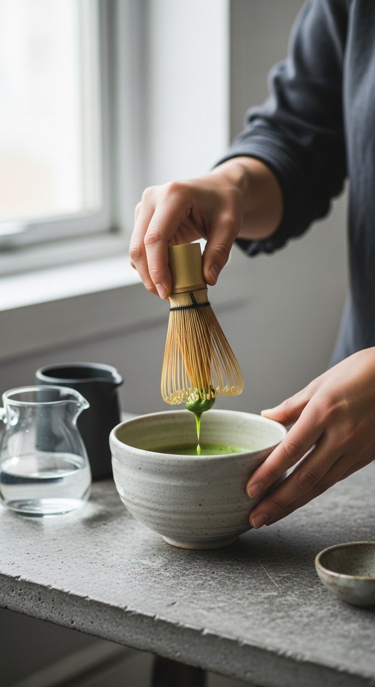 Pistachio Matcha Latte Ultimate Recipe for Perfect Layering and Flavor 7 An individual vigorously whisking vibrant green matcha concentrate in a traditional ceramic chawan bowl with a bamboo chasen.