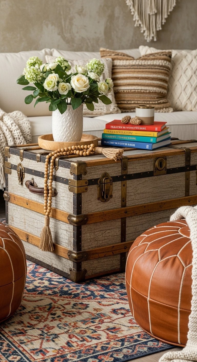 Discover 11 Genius Boho Coffee Table Ideas for Eclectic Homes 3 Antique wooden storage trunk coffee table with distressed paint, brass hardware, travel books in a rustic boho living space.