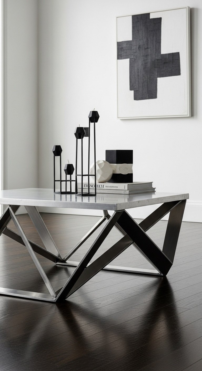 Genius Sculptural Coffee Table Designs For A Stunning Home 10 Architectural form coffee table, polished aluminum, sharp angles, cantilever structure, dark wood floor, modern minimalist living space.
