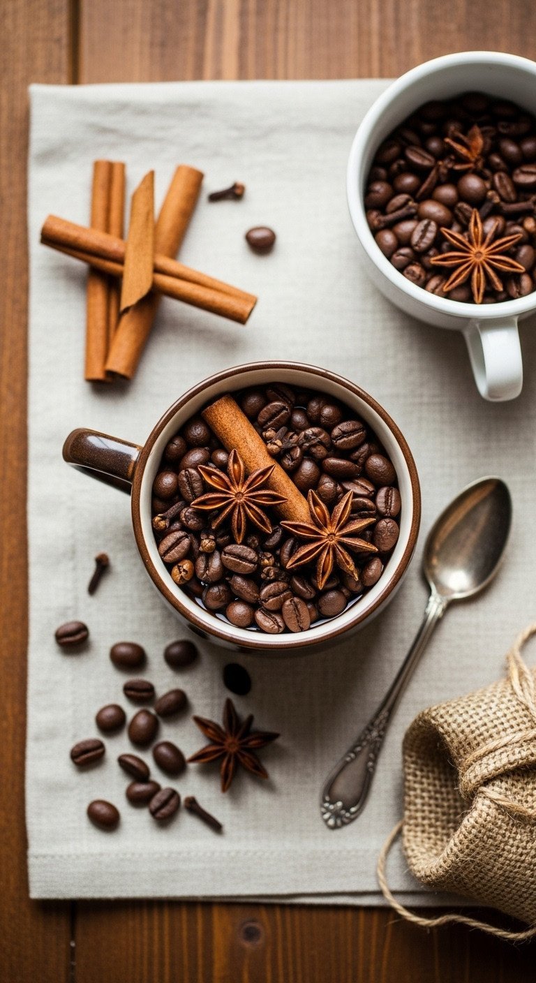 Aromatic mulled spices, cinnamon sticks, cloves, star anise, and coffee beans on a rustic table with linen.