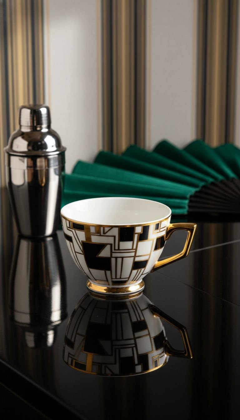11 Tea Cup Aesthetic Styles The Ultimate Visual Guide 11 Art Deco glamour porcelain teacup, gold/black geometric pattern, angular handle, cocktail shaker, emerald velvet. Elegant 1920s teaware.