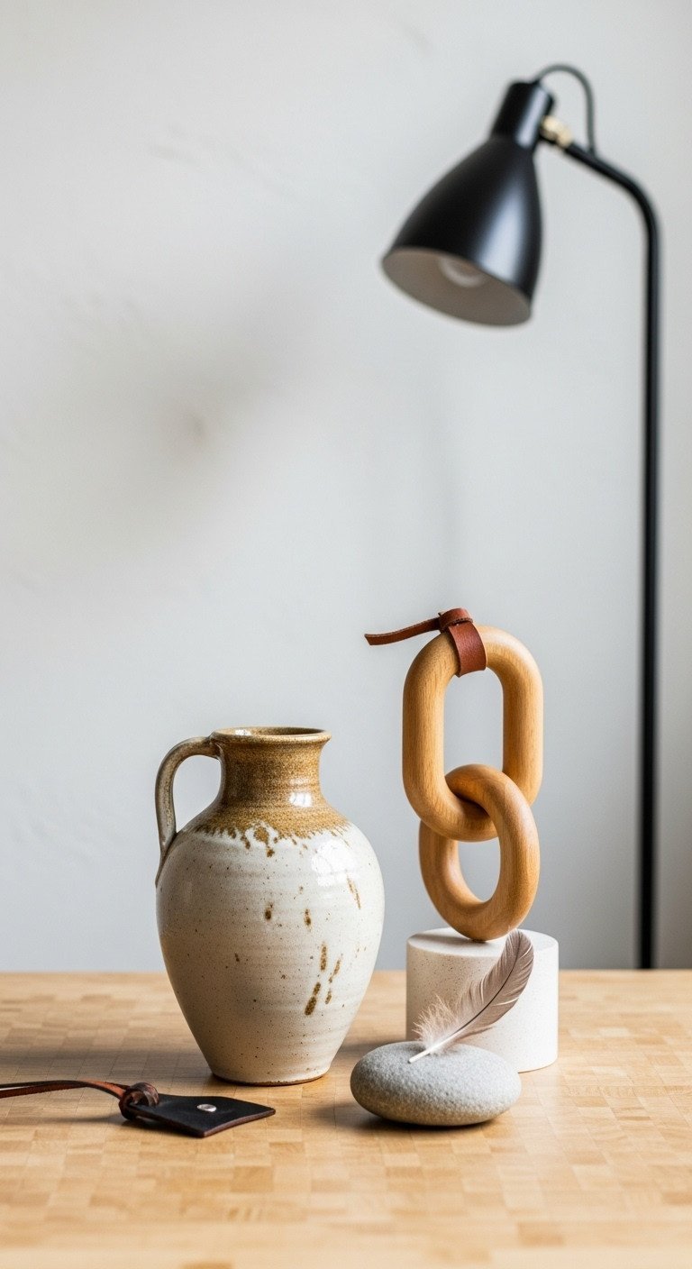 Artisanal decor: hand-thrown clay vase, wooden chain link sculpture, river stone with feather. Elegant, sophisticated home accents.
