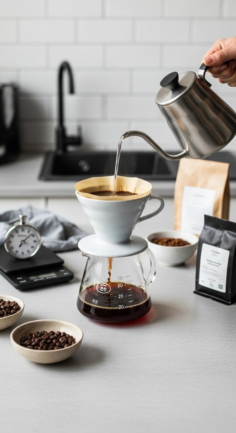 How To Make Black Coffee The Right Way For Perfect Taste 7 Artisanal pour-over coffee brewing flat lay with a gooseneck kettle pouring hot water into a ceramic dripper.