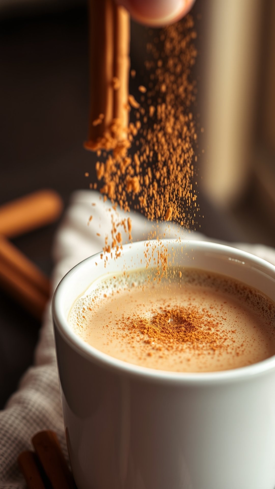 Artistic close-up of cinnamon being sprinkled over the light foam on a mug of cozy, hot protein coffee on a napkin.