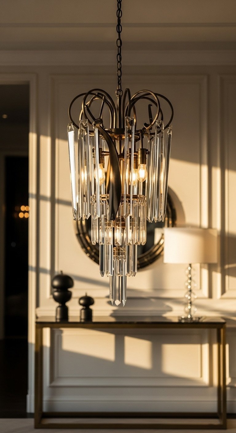 Artistic designer chandelier with mixed metals and crystal elements, casting warm light in an opulent interior with architectural molding.