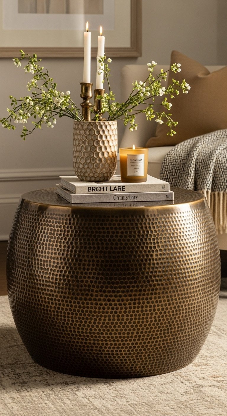 Artistic hammered metal drum coffee table with an oxidized bronze finish, a sculptural centerpiece.