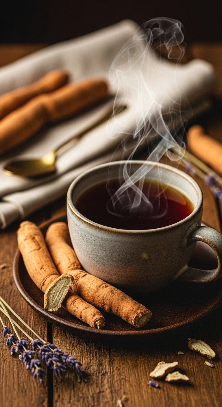 Master Adaptogen Tea The Essential Guide to Blends and Dosage 1 Ashwagandha root pieces and rich brown Ashwagandha tea in a rustic ceramic mug on a wooden table, evoking a cozy, natural feel.