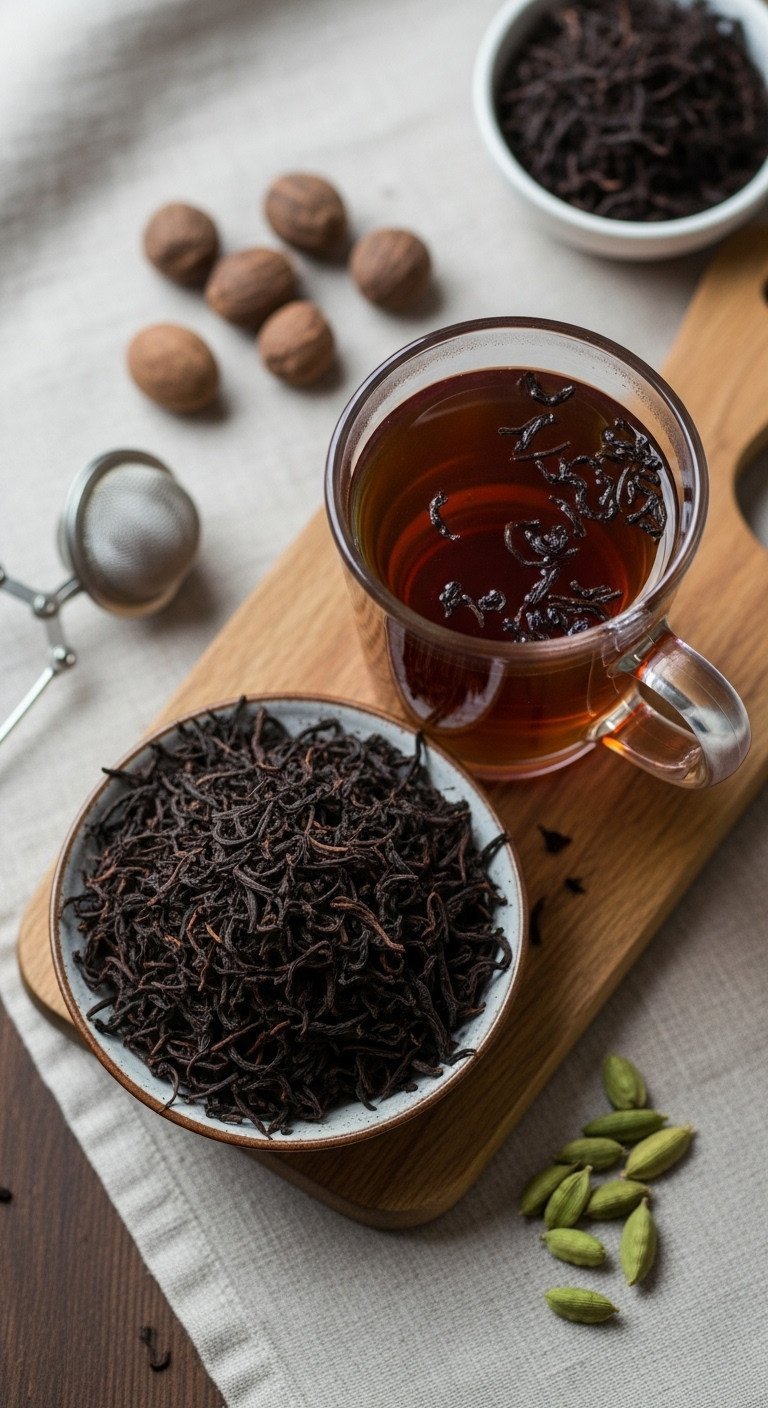 Chai Latte Recipe Master The Perfect Spice And Froth 15 Assam black CTC tea leaves piled next to a glass of strongly brewed tea with whole spices on wooden board.