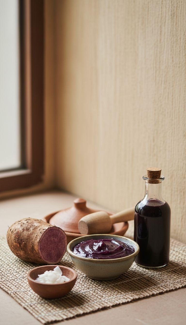 Master The Ube Latte 7 Expert Secrets For Perfect Color 9 Authentic Filipino Ube Halaya paste, Ube extract, and raw purple yam on a woven placemat, showcasing deep violet hues.